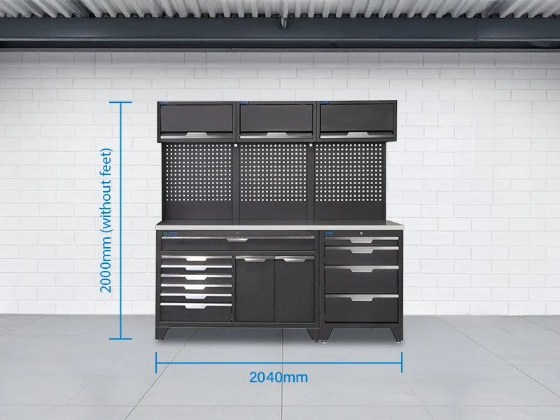 SGS 9pc Garage Storage System | 11 Drawers | Stainless Steel Triple Worktop | Organisers & Bin | 3x Lift‑Up Wall Cabinets